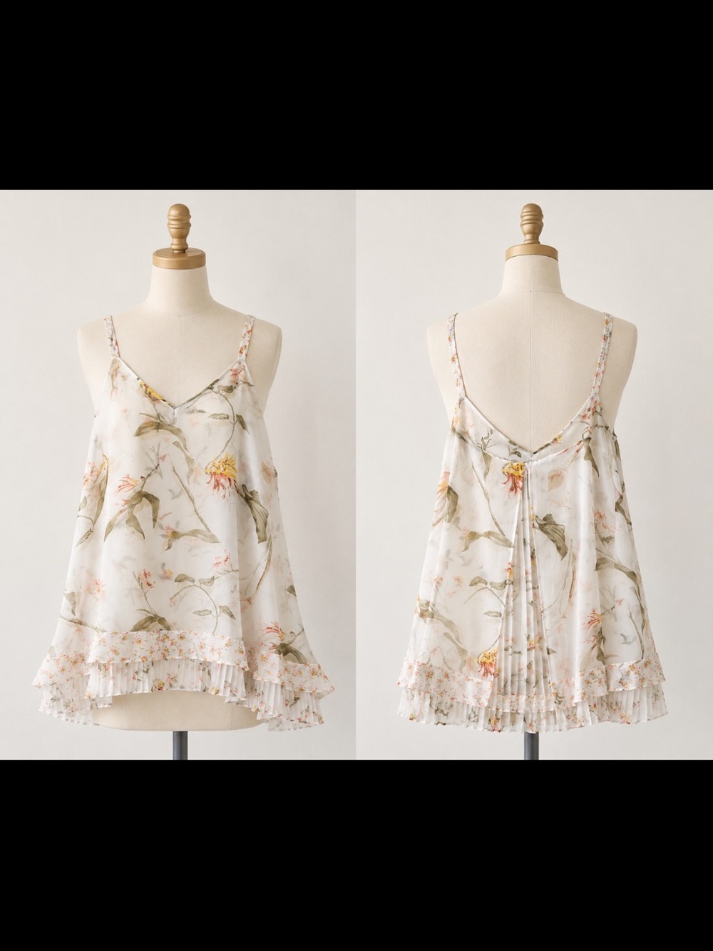 White House Black Market Cream Floral V-Neck Ruffle Cami